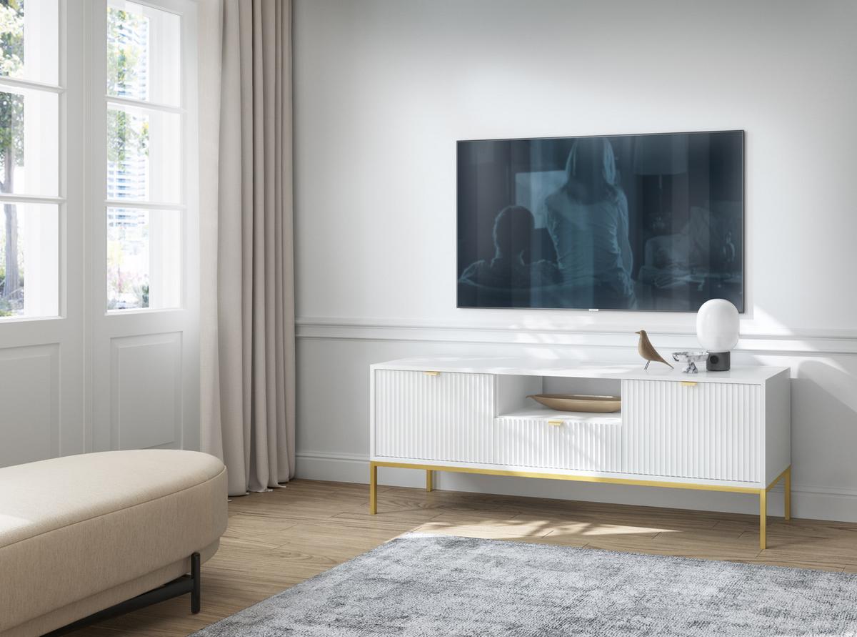 LOWBOARD Eternas 2T 1S Weiß 154/56/39 cm – goldene Füße, mit geriffelten Fronten und offener Ablage - Goldfarben/Weiß, Holzwerkstoff (154/56/39cm) - AX Living