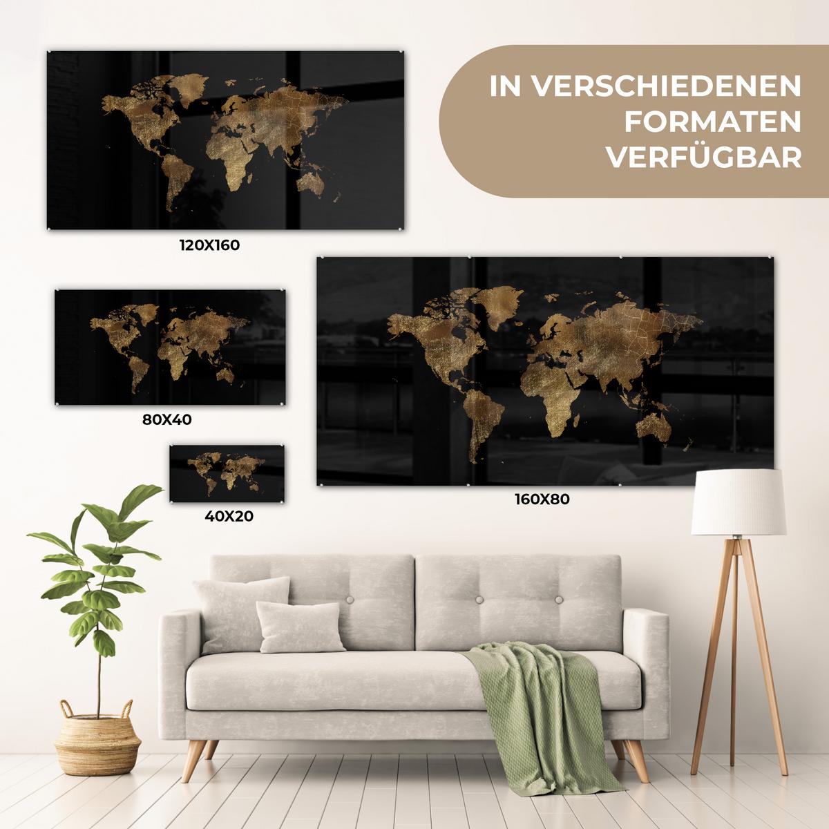 ACRYLGLASBILD Weltkarte - Gold - Luxus - Erde - Schwarz 120x60 cm - Goldfarben, Glas (120/60cm) - MuchoWow