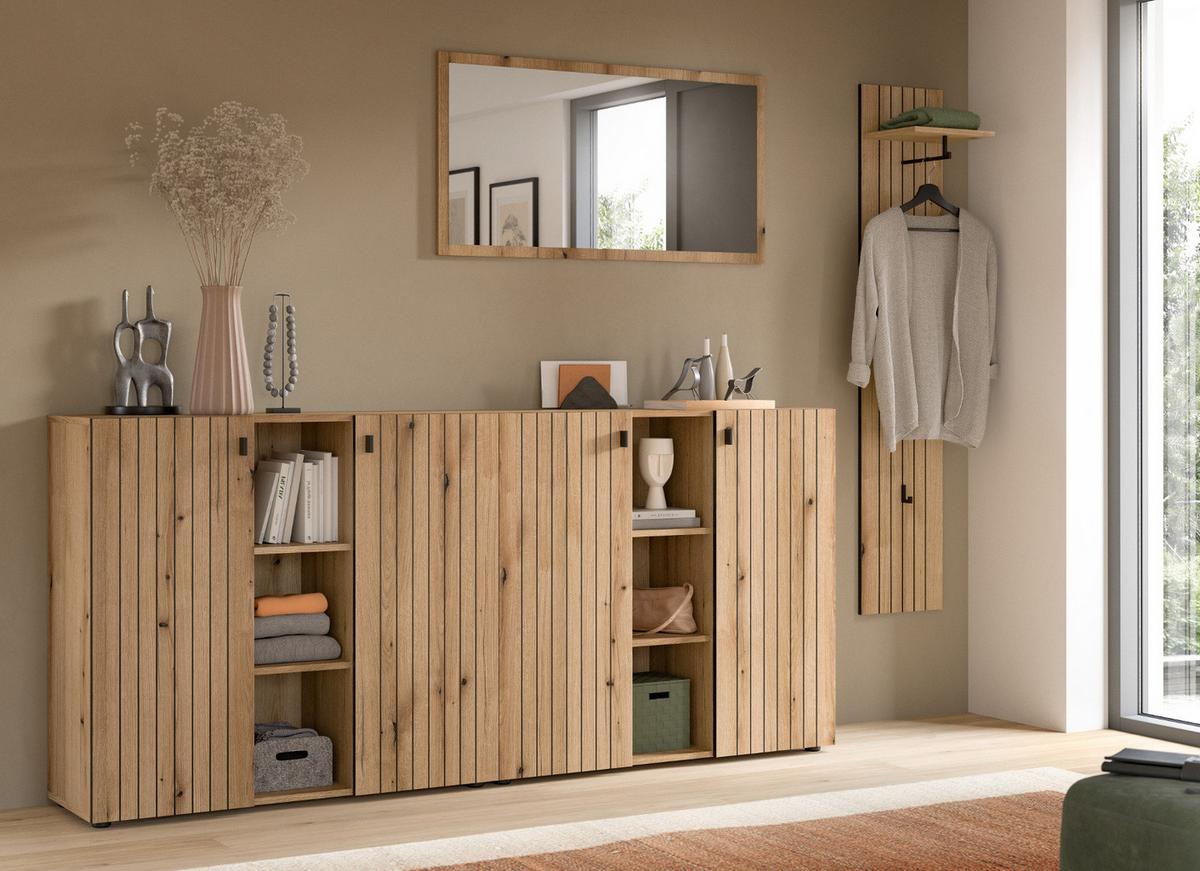 FLURKOMMODE Evoke Eiche 106 cm, Schuhschrank mit eingefräster Rillenoptik - Schwarz/Eiche Artisan, Glas/Holzwerkstoff (106/96/37cm) - Inn.Furn