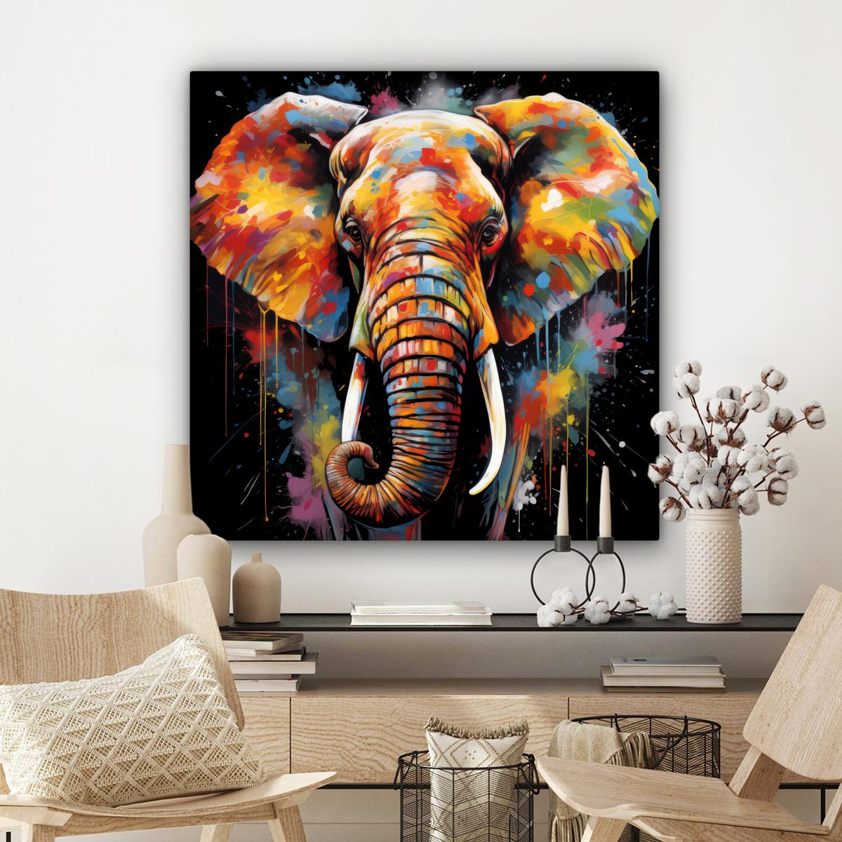LEINWANDBILD Elefant - Graffiti - Schwarz - Tiere - Farben Deko Groß 90x90 cm - Schwarz, Textil (90/90cm) - MuchoWow
