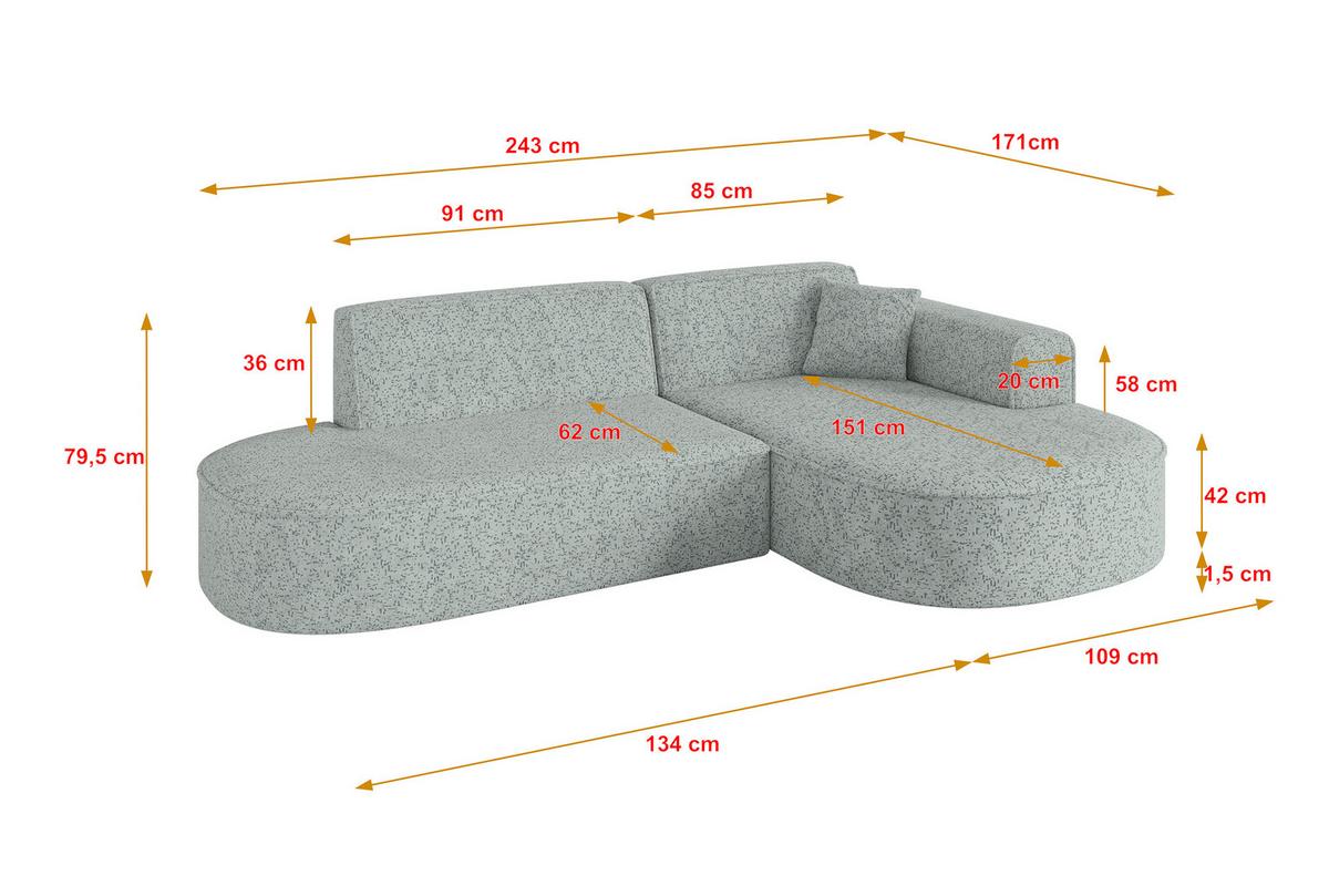 ECKSOFA Ottomane Rechts MARI-L1 - 243x171x79 cm Grün Tissu - Wildeiche/Schwarz, Holzwerkstoff/Kunststoff (171/243cm) - ALTDECOR