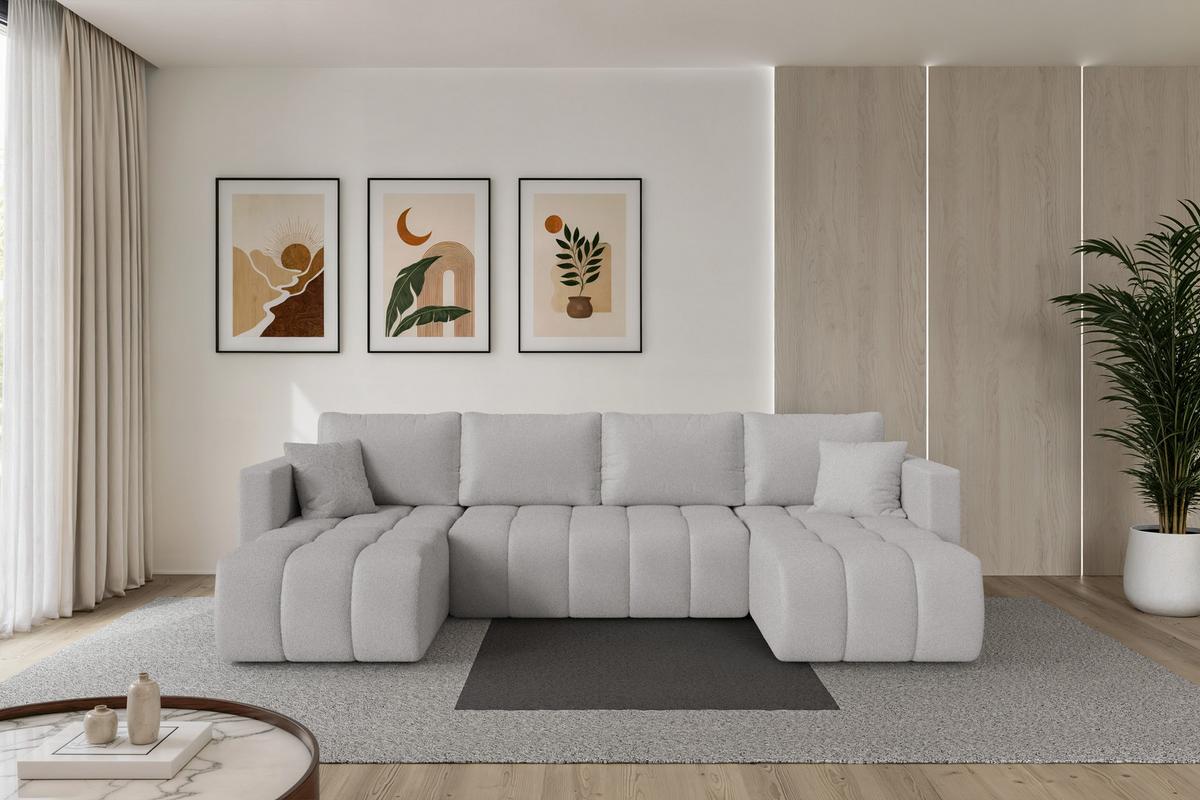 WOHNLANDSCHAFT mit Schlaffunktion und Bettkasten GARD-U 300x146x85 Hellgrau Bouclé - Silberfarben/Hellgrau, Holzwerkstoff/Kunststoff (300/85/146cm) - ALTDECOR