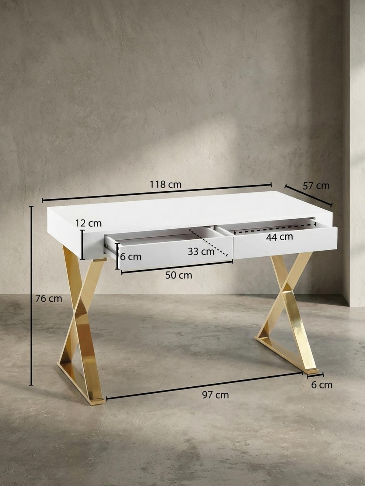SCHREIBTISCH – Weiß Hochglanz, goldene Beine, 2 Schubladen, modern - Goldfarben/Weiß, Holz/Metall (57/118/76cm) - KADIMA DESIGN