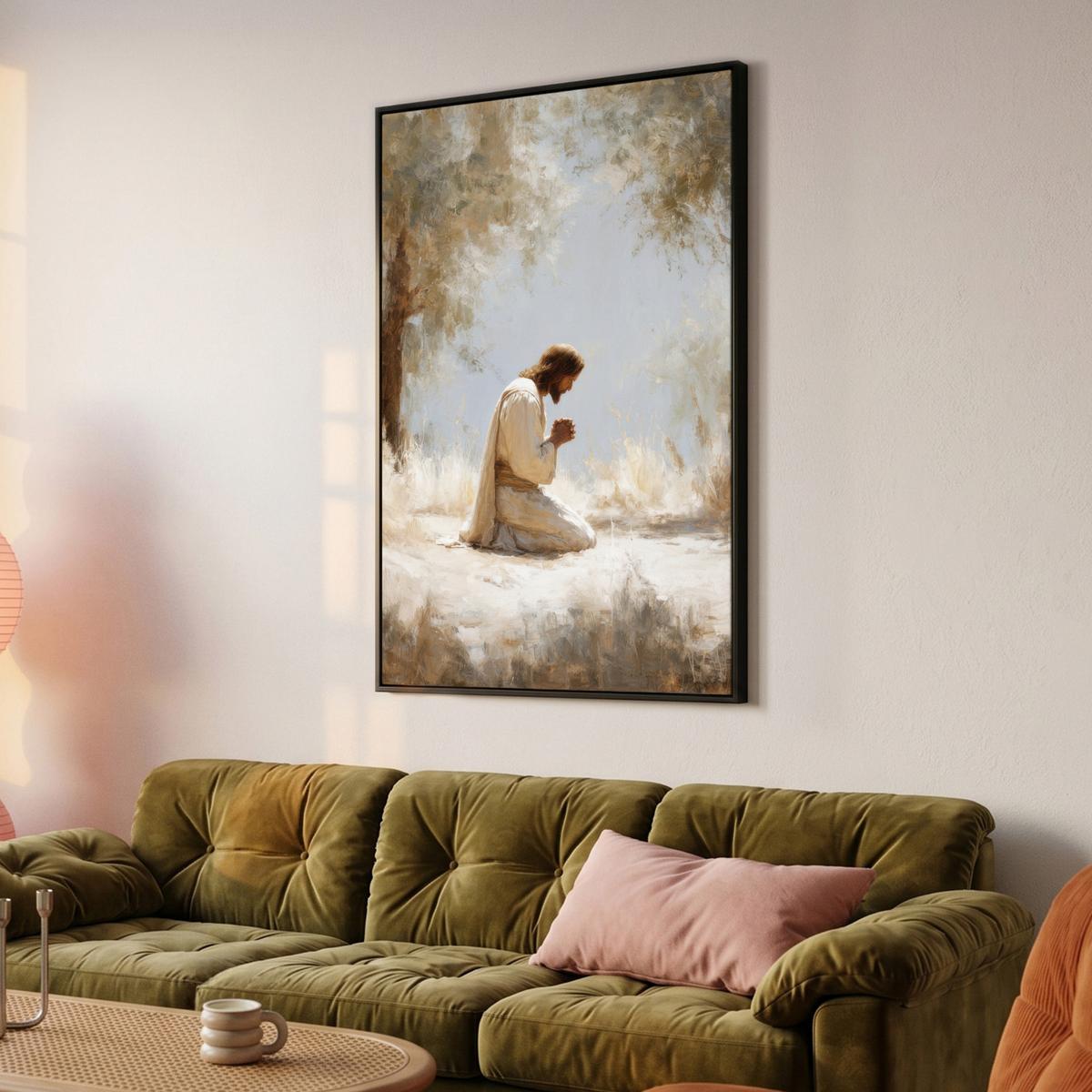 LEINWAND Bilder mit Rahmen - Jesus - Kniend - Waldlandschaft - Betend - 90x140 - Beige, Textil (90/140cm) - MuchoWow