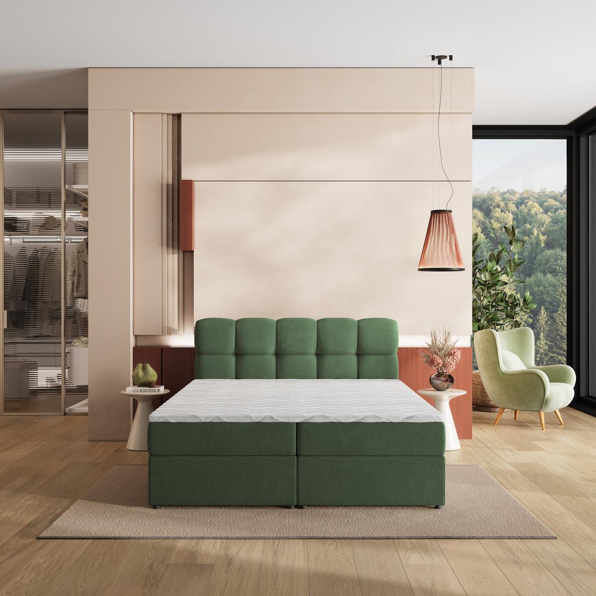 BOXBETT MERU 200x200 cm mit Matratze und Topper, H2+H3 - Grün - Grün, Holz (200/200cm) - MASSENO