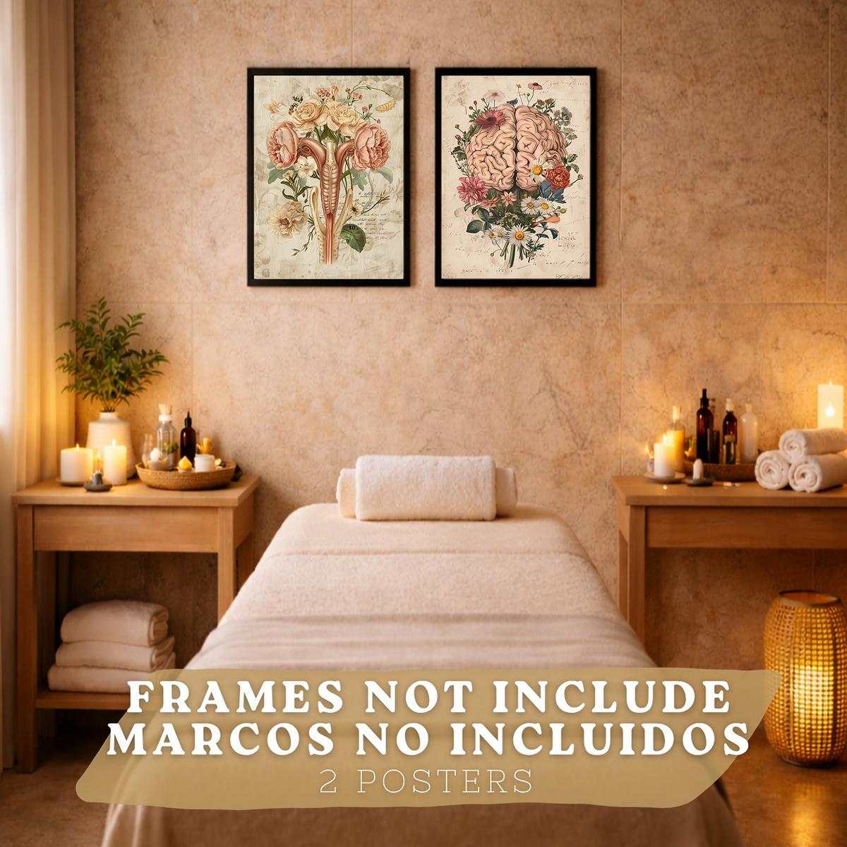 POSTER Set aus 2 Weibliche Anatomie Drucke und Wandbilder mit Gehirn und Gebärmutter Botanischer Retro Vintage Floraler Stil Größe Rahmenlos A3 - Klar, Papier (29.7/42/3cm) - Nacnic