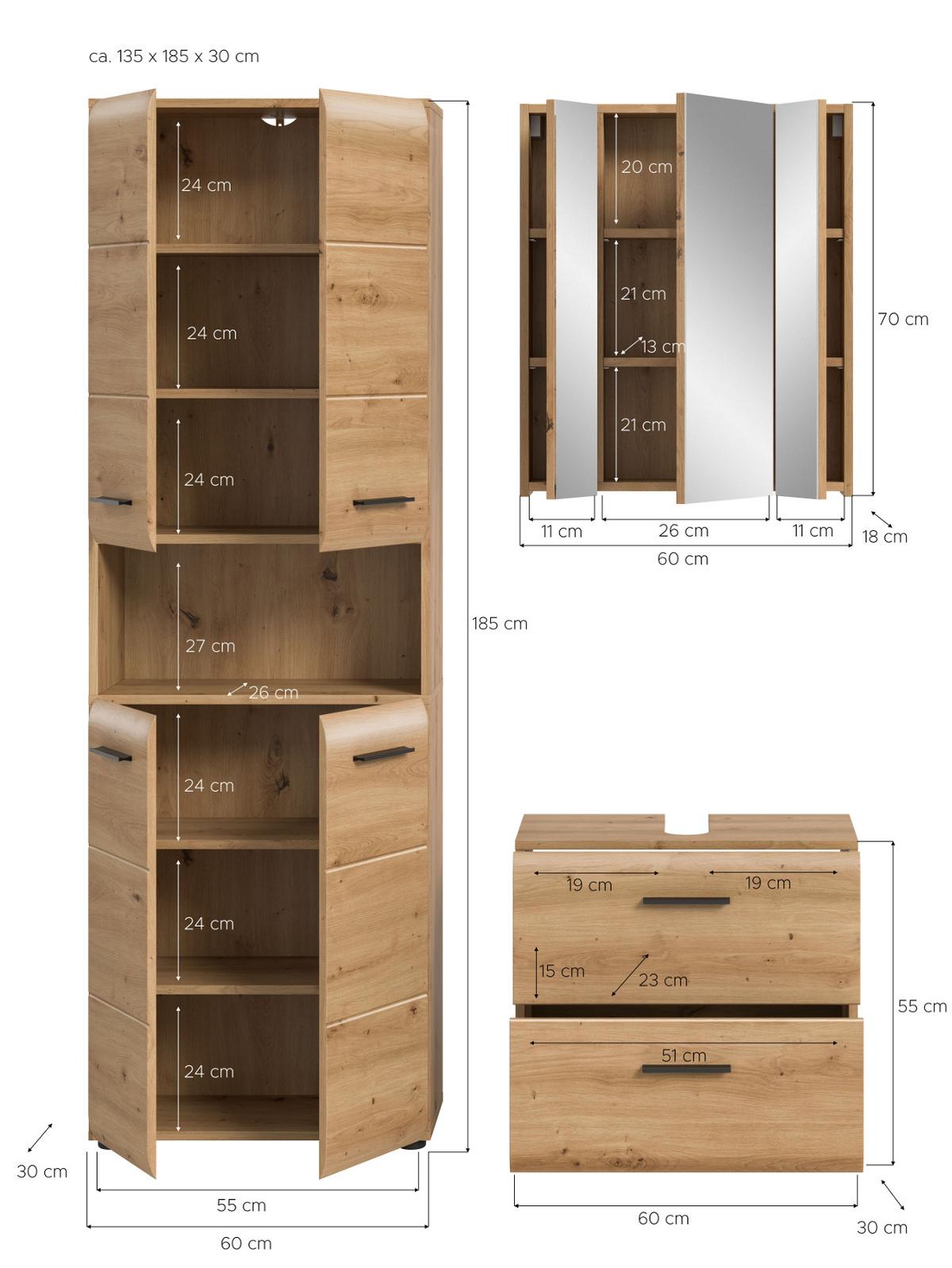 BADMÖBEL SET 3-teilig in Artisan Eiche, Badkombination 135 x 185 cm, Cover - Schwarz/Eiche Artisan, Glas/Holzwerkstoff (135/185/30cm) - Inn.Furn