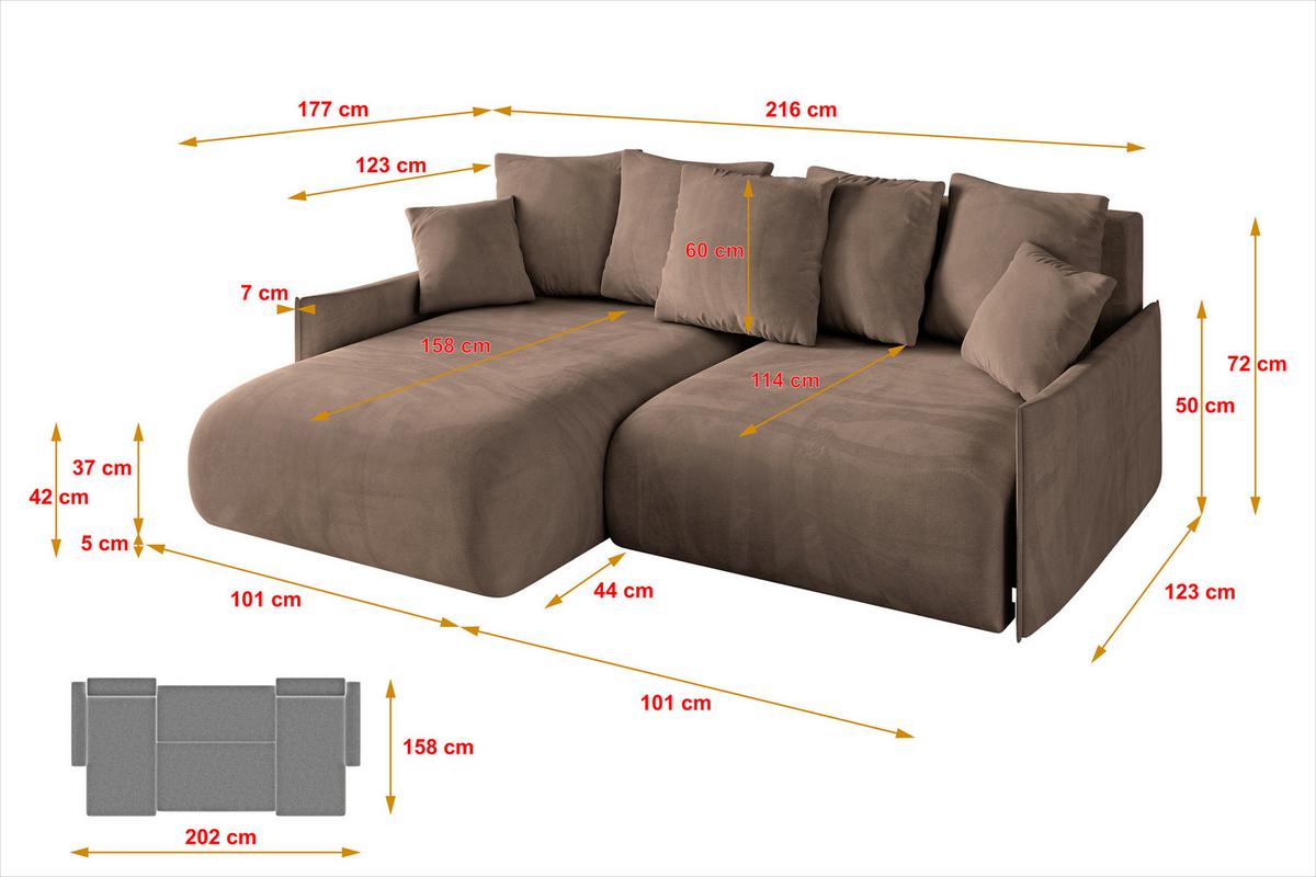 ECKSOFA Ottomane links ONESK-L -v1 216x177x72 Braun Velours - Braun, Holzwerkstoff/Kunststoff (216/177cm) - ALTDECOR