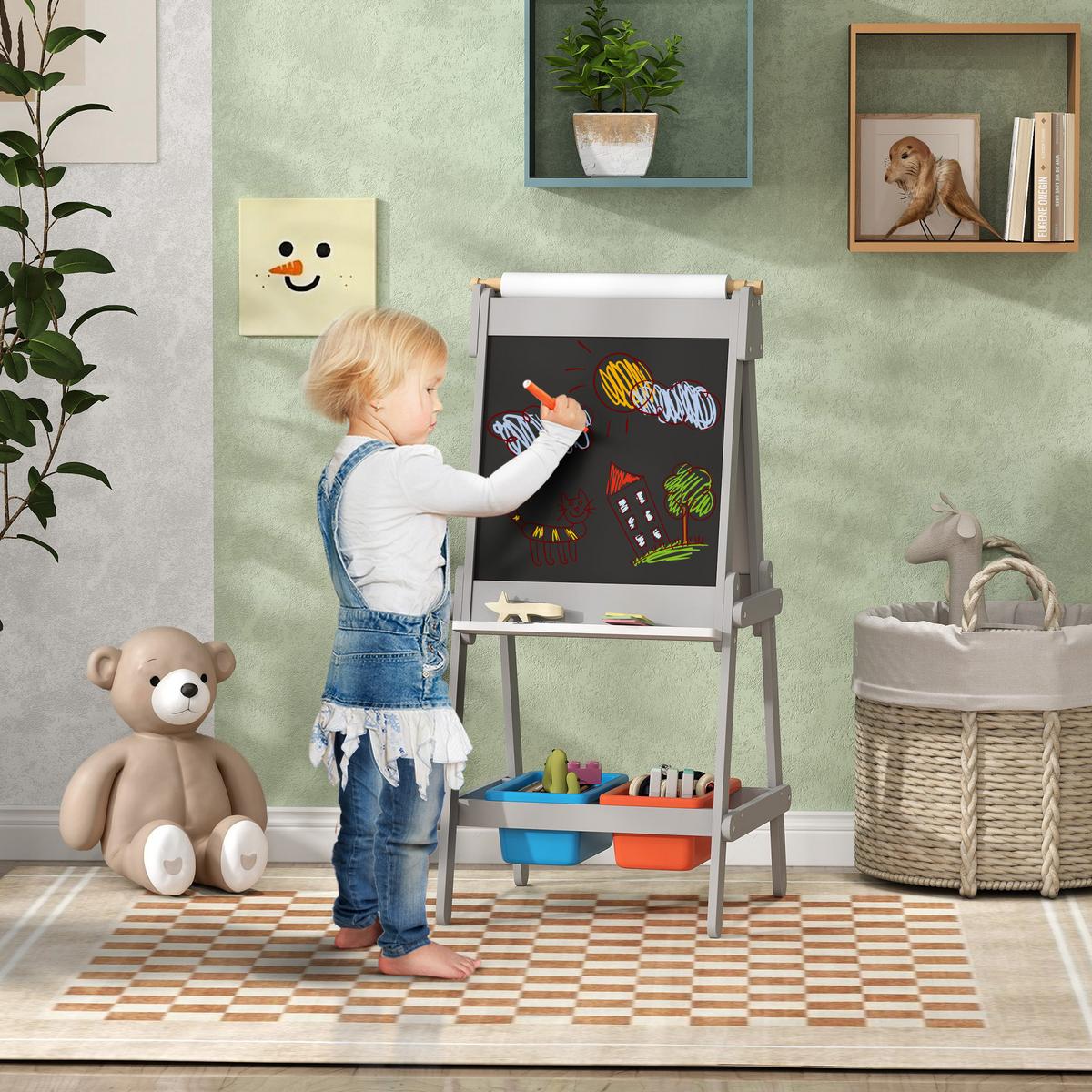 3-IN-1 Kindertafel, doppelseitige Kinder Staffelei mit Kreidetafel, Whiteboard - Grau, Holzwerkstoff (50/108/51cm) - AIYAPLAY