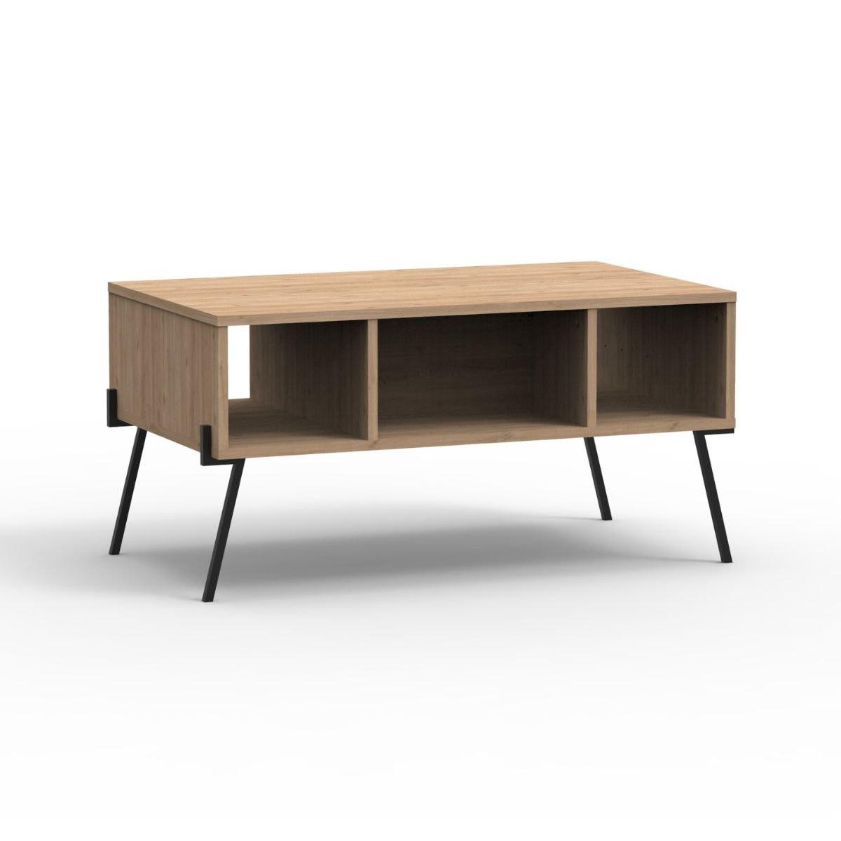 COUCHTISCH 1 Tür 3 Nischen und Metallfüße L100 cm - Evan - Eschefarben, Holzwerkstoff (100/60/50.5cm) - Calicosy