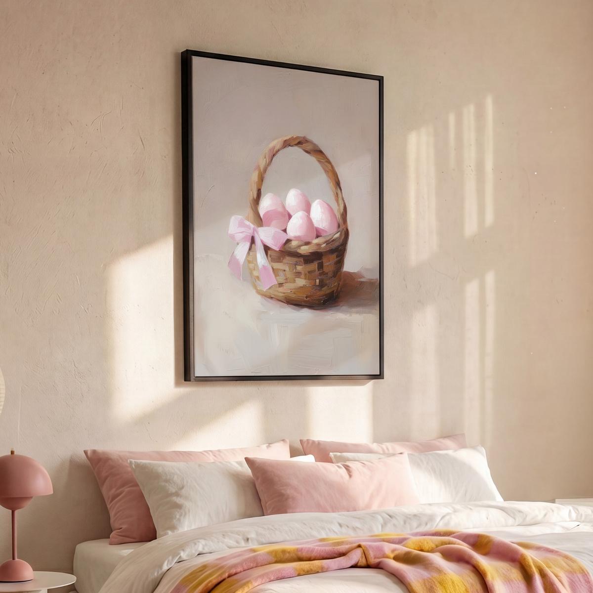 LEINWAND Bilder mit Rahmen - Korb - Eier - Rosa - 100x150 - Beige, Textil (100/150cm) - MuchoWow