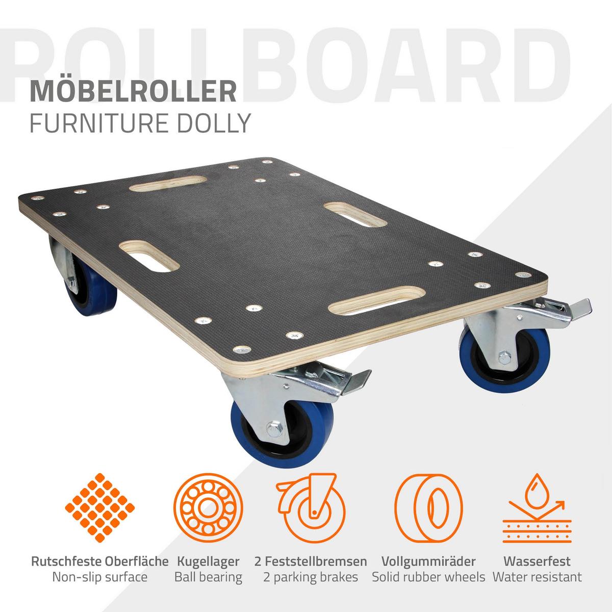 TRANSPORTROLLER 2er Set mit 4 Rollen 2 mit Bremsen 40x60 cm Traglast 800kg Siebdruck Holzplatte Black - Dunkelgrau, Holzwerkstoff (60/40/14.5cm) - ECD-Germany
