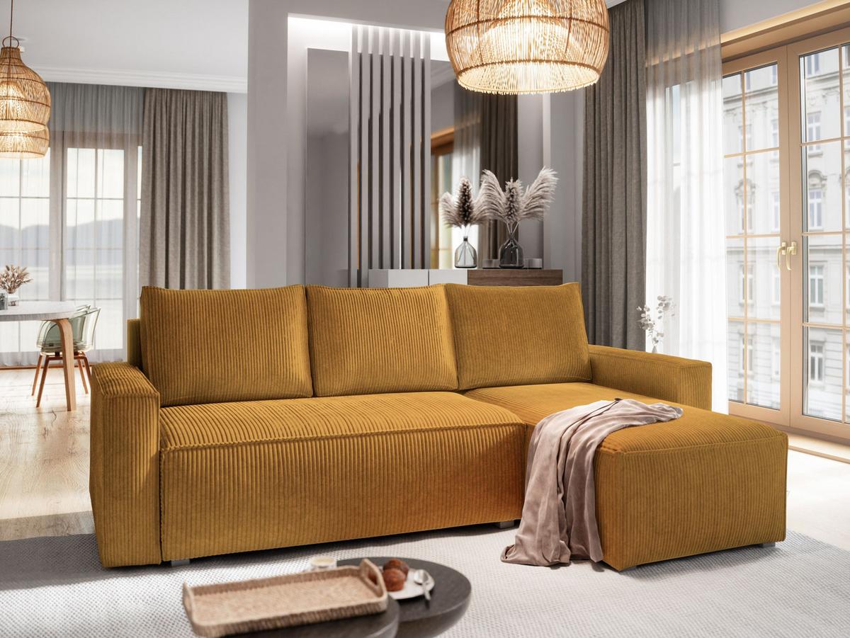 ECKSOFA POTARO Gelb Kordstoff mit Schlaffunktion - Gelb/Grau, Holz/Kunststoff (232/140cm) - MASSENO