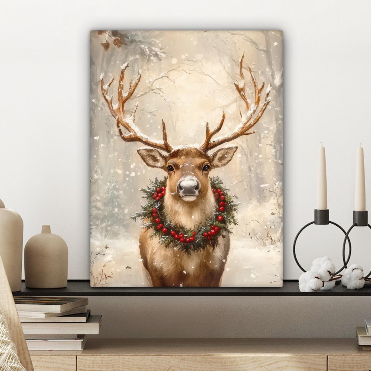 LEINWANDBILD Weihnachten - Rentier - Winter - Kranz Room Decor 30x40 cm - Naturfarben, Textil (30/40cm) - MuchoWow