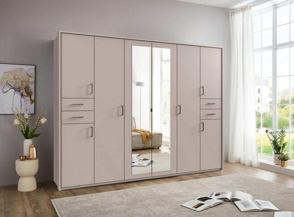 DREHTÜRENSCHRANK B273/H210/T58 cm in Beige Grau, Kleiderschrank mit Passepartout & 2 Spiegeltüren & Schubkästen, Griffe schwarz / 22580 - Greige/Beige, Holzwerkstoff/Kunststoff (273/210/58cm) - luma-home
