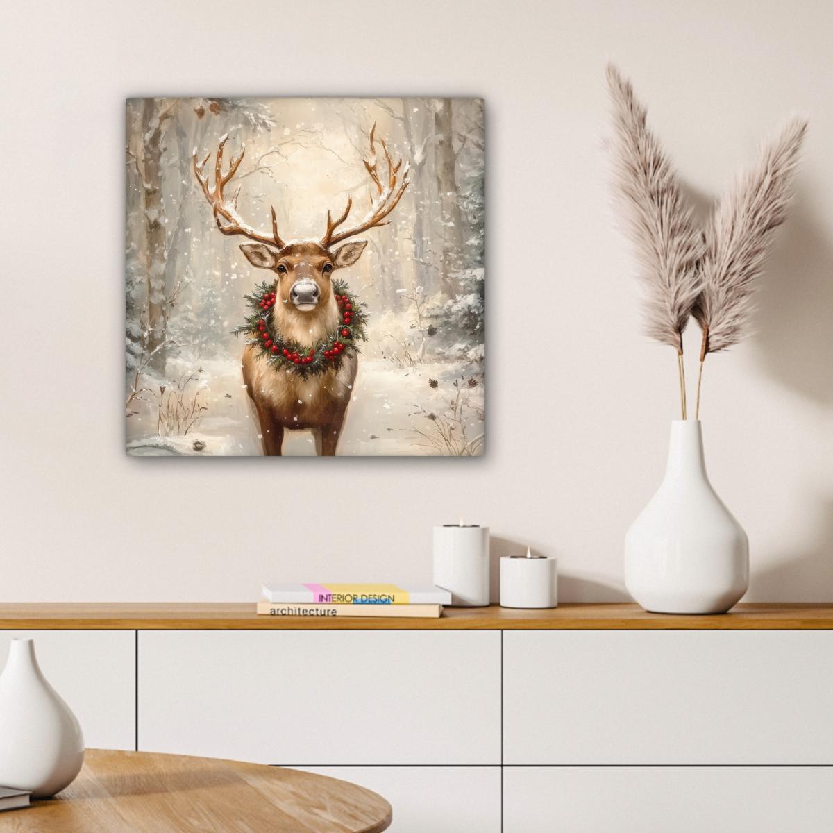 LEINWANDBILD Weihnachten - Rentier - Winter - Kranz Wandbild Wohnzimmer 50x50 cm - Naturfarben, Textil (50/50cm) - MuchoWow