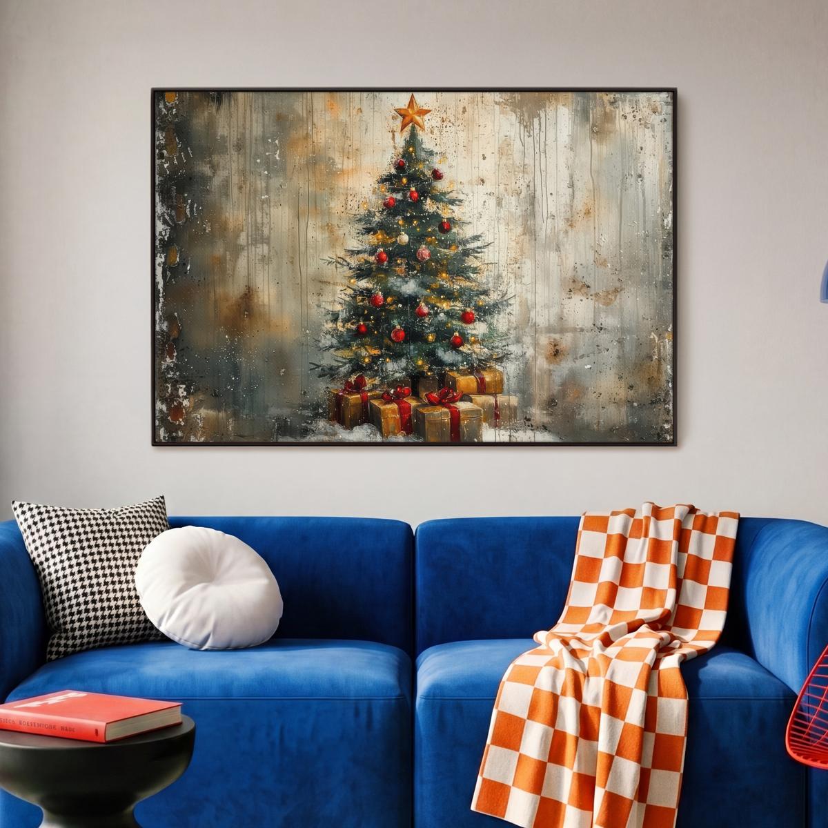 LEINWAND Bilder mit Rahmen - Weihnachtsbaum - Vintage - Weihnachten - Geschenk - 90x60 - Rostfarben, Textil (90/60cm) - MuchoWow