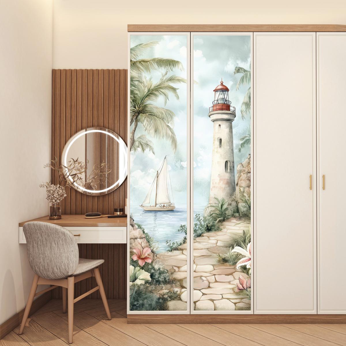 TÜRAUFKLEBER Leuchtturm - Natur - Landschaft - Boot 90x235 cm - Türtapete - Eichefarben, Kunststoff (90/0.1cm) - MuchoWow