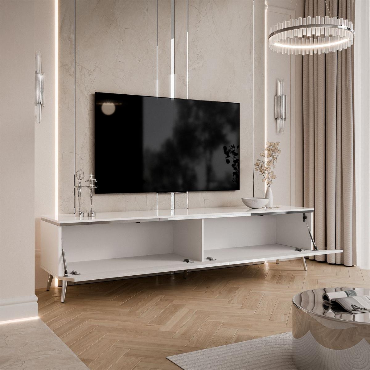 TV-SCHRANK AURORA SILVER 180 cm mit LED-Beleuchtung – schräge Chrombeine - Chromfarben/Weiß Hochglanz, Holzwerkstoff/Metall (180/45/40cm) - Lookway
