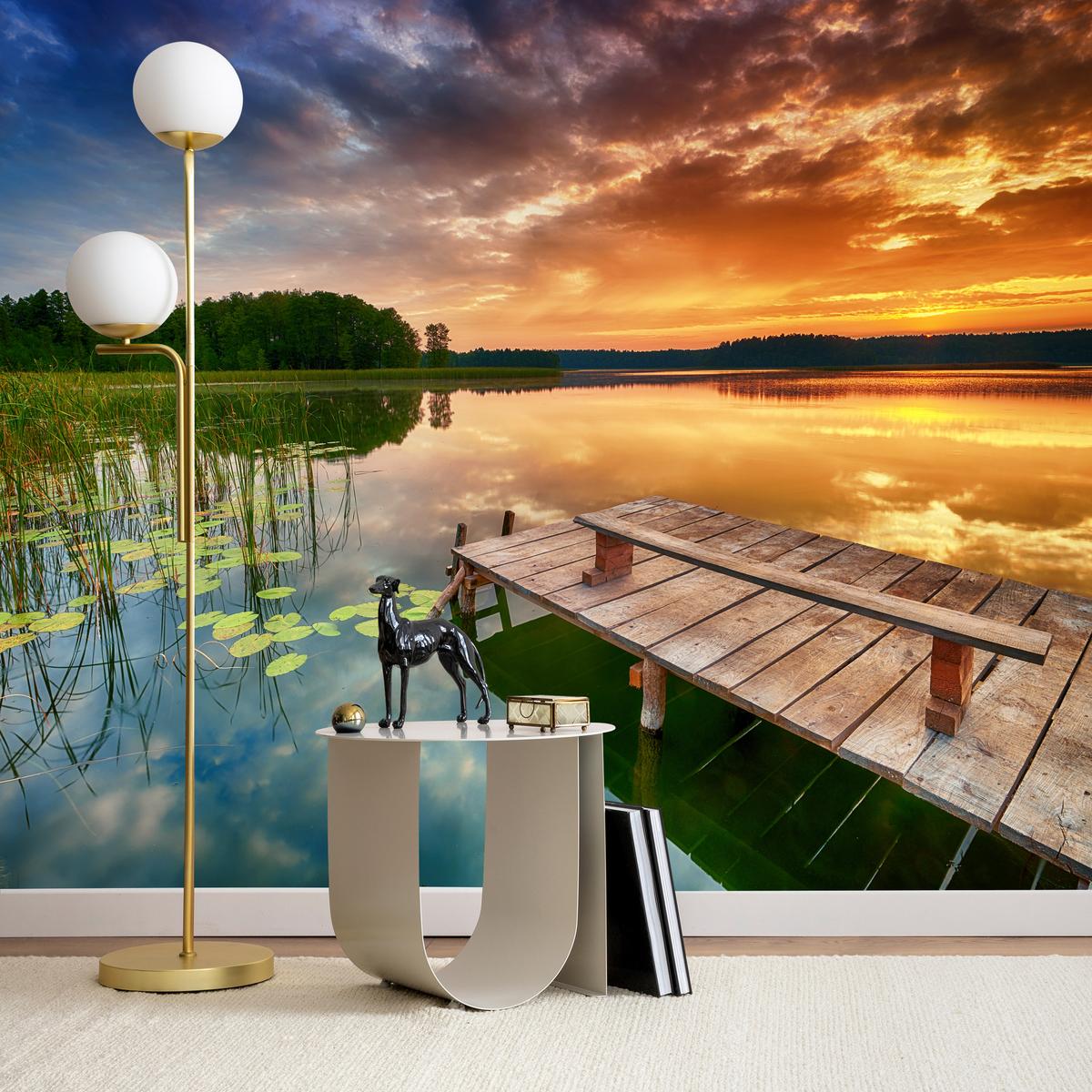 FOTOTAPETE für Wohnzimmer Sonnenuntergang See Steg Bäume 500x350 - Gelb/Beige, Papier (500/350cm) - Muralo