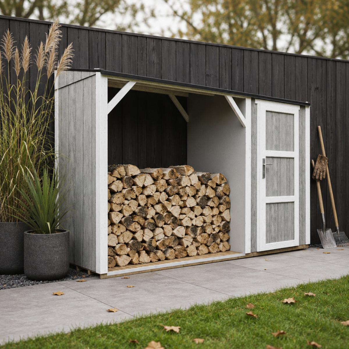 BRENNHOLZLAGER mit geschlossenem Stauraum 4,14 m² M985-TUNDRA GREY - Hellgrau, Holz (120/220/345cm) - Timbela