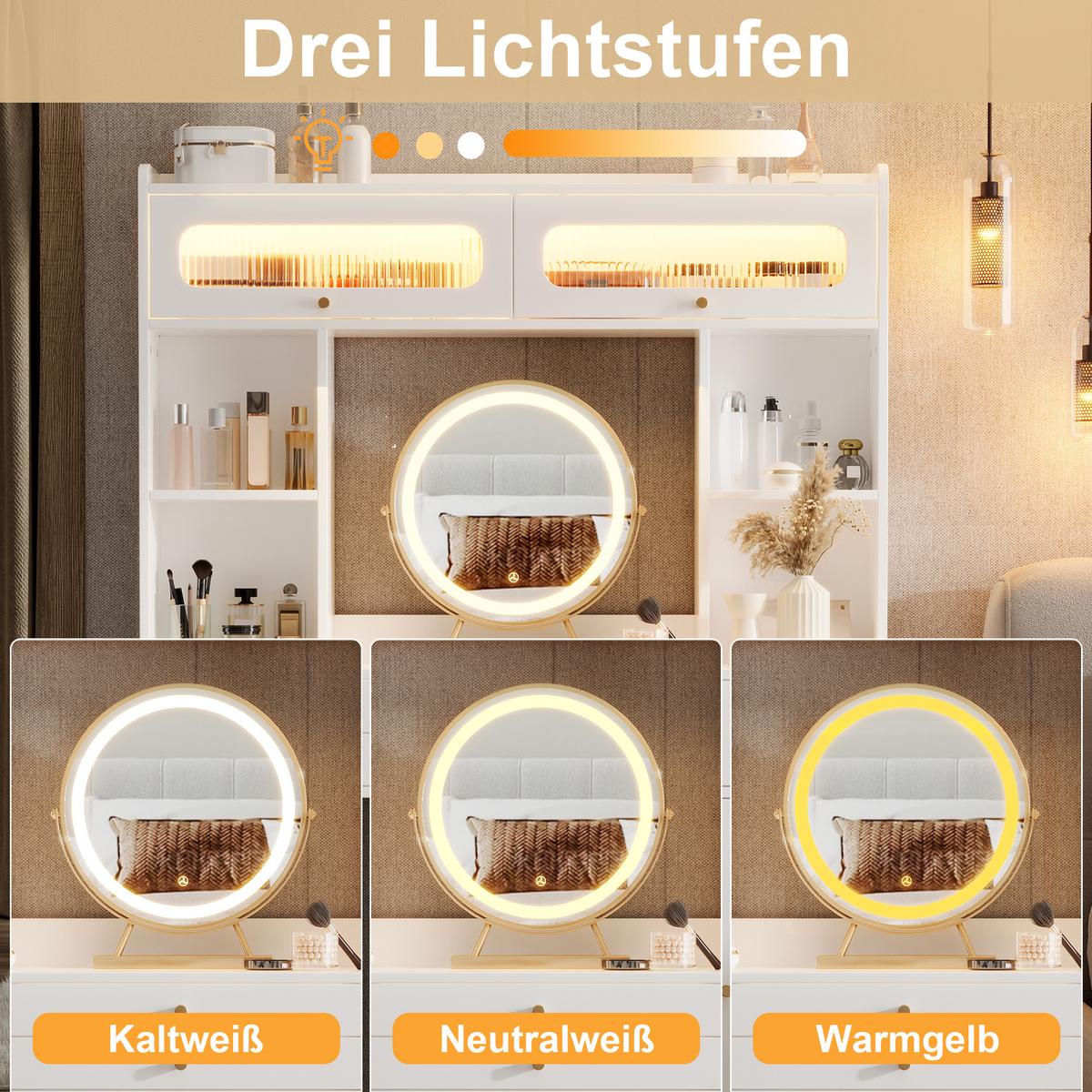 SCHMINKTISCH Weiß mit LED-Spiegel, 4 Schubladen, Schränken & App-Beleuchtung - Weiß, Holzwerkstoff (120/160/40cm) - Urban Meuble