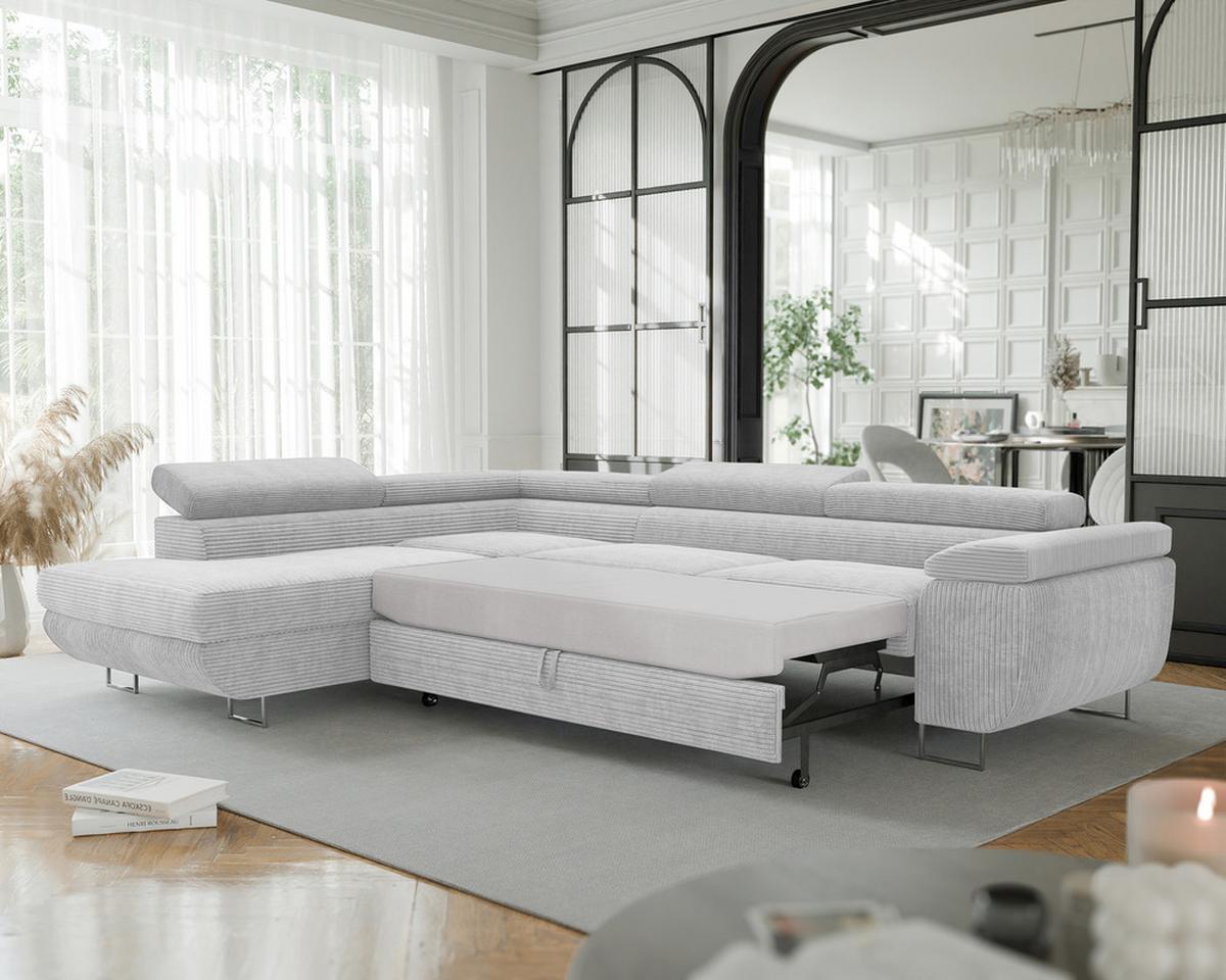ECKSOFA ANTON links, mit Schlaffunktion und Bettkasten Hellgrau - Chromfarben/Hellgrau, Textil/Metall (274/203cm) - Idohome