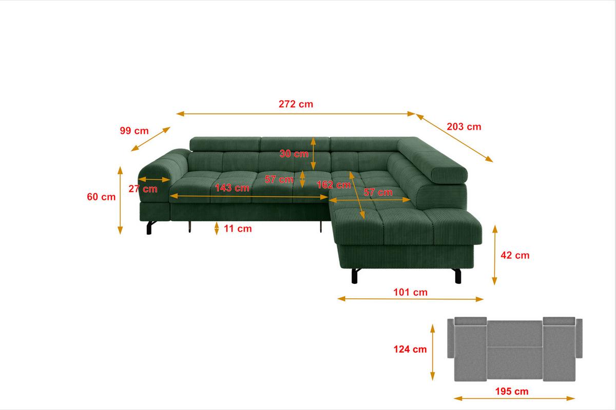 ECKSOFA mit Schlaffunktion Ottomane Rechts LUMA-L 272x203x70 Grün Cord - Schwarz/Grün, Holzwerkstoff/Kunststoff (203/272cm) - ALTDECOR