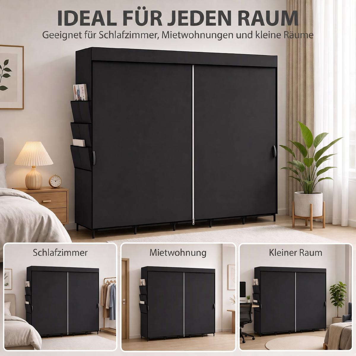 STOFFSCHRANK Stahl Vliesstoff Schwarz - Schwarz, Textil/Metall (45/167/212cm) - HOMCOM