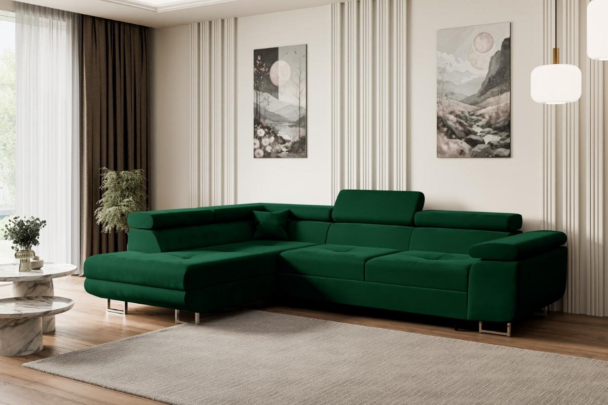 ECKSOFA mit Schlaffunktion und Bettkasten GUSA-L 272x202x107 cm Grün Velours - Silberfarben/Grün, Holzwerkstoff/Textil (202/272cm) - ALTDECOR