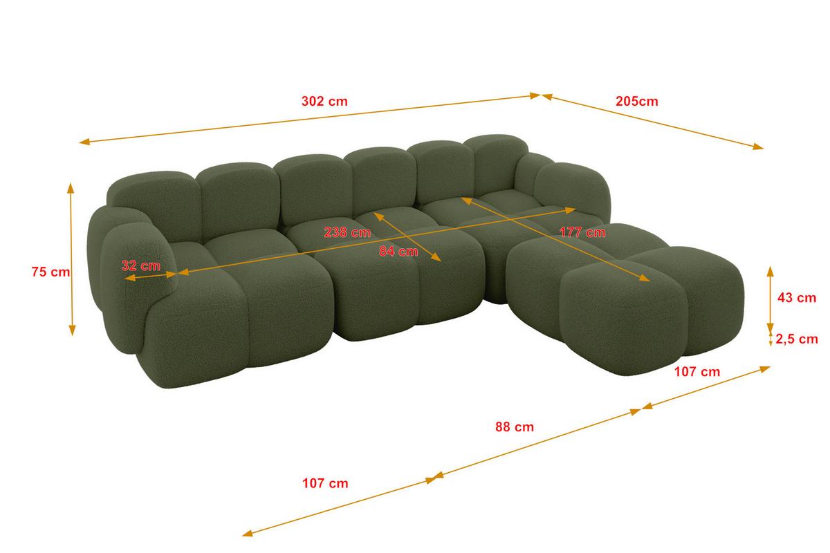 ECKSOFA modulares Sofa Rechts Miko-L2 302x205x75 Grün Bouclé - Smaragdgrün/Schwarz, Holzwerkstoff/Kunststoff (302/205cm) - ALTDECOR