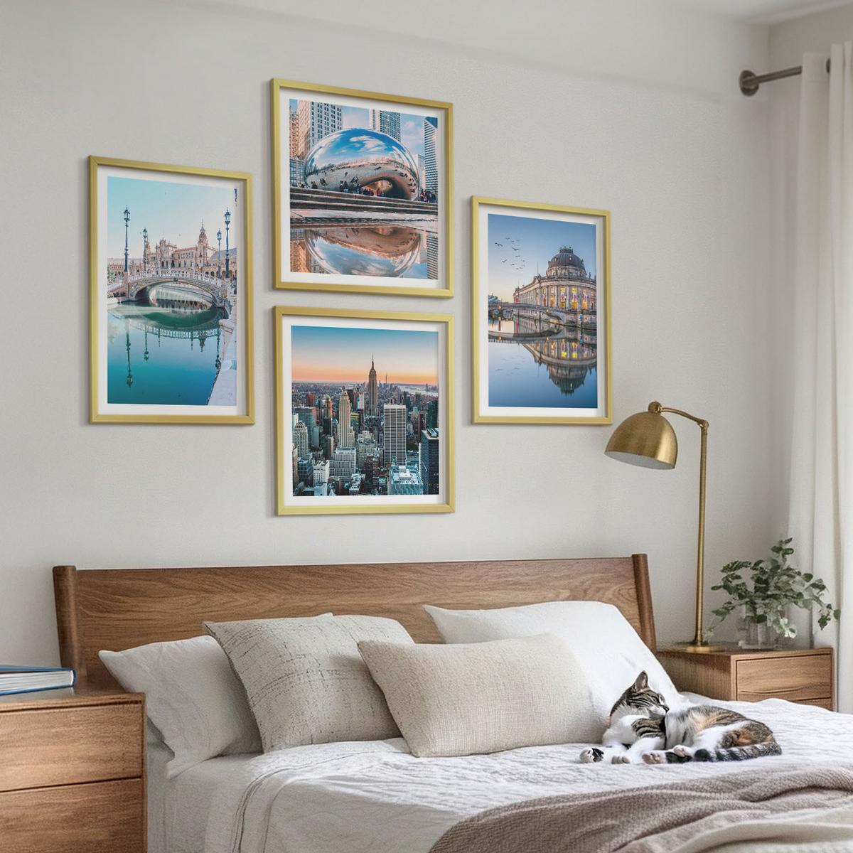 BILDER SET 4er Set - 50x50 cm & 40x60 cm Goldrahmen - Architektur von Städten am Wasser - Goldfarben, Kunststoff (50/50cm) - TULUP