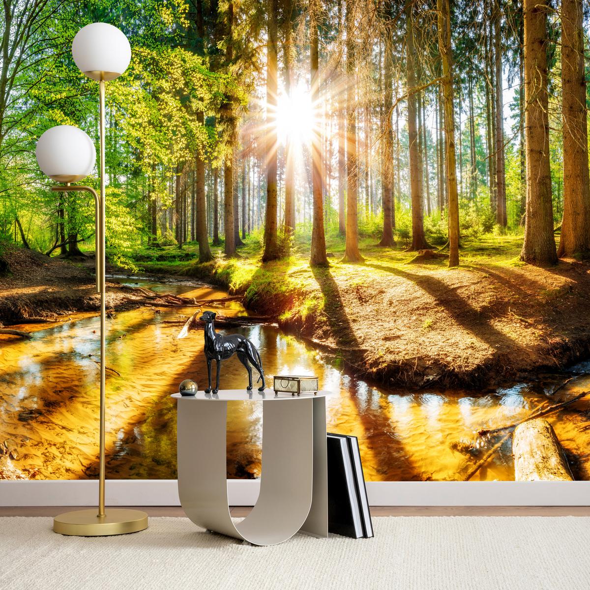FOTOTAPETE für Wohnzimmer Pflanzen Natur Gras Sonniger Wald Bäume 250x175 - Multicolor, Papier (250/175cm) - Muralo