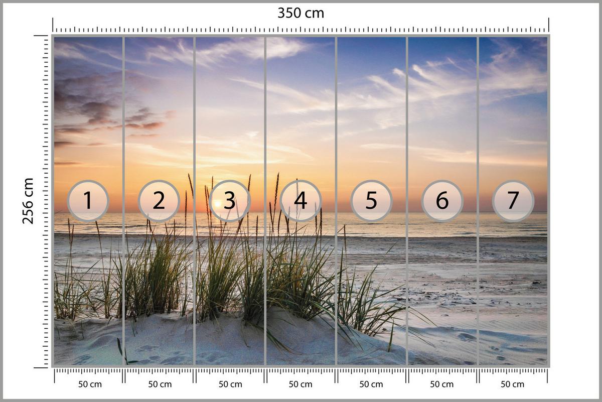 FOTOTAPETE Meer STRAND Dünen Sonnenuntergang Landschaft 3D 350x256cm - Beige/Violett, Papier (350/256cm) - Muralo
