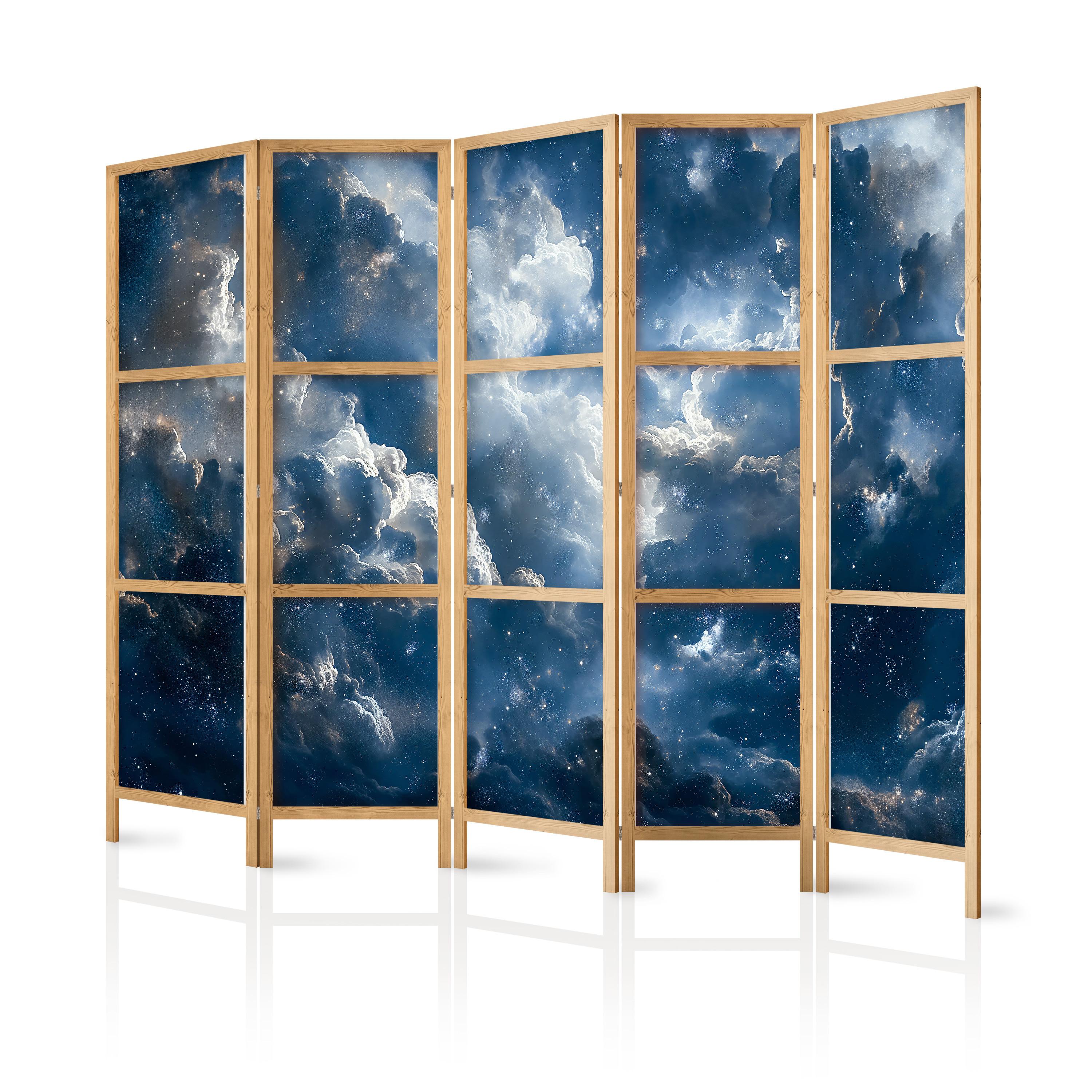 PARAVENT Japanischer 5-tlg 225x172 cm Wolken Und Sterne - Blau, Holz/Textil (225/172/3cm) - Muralo