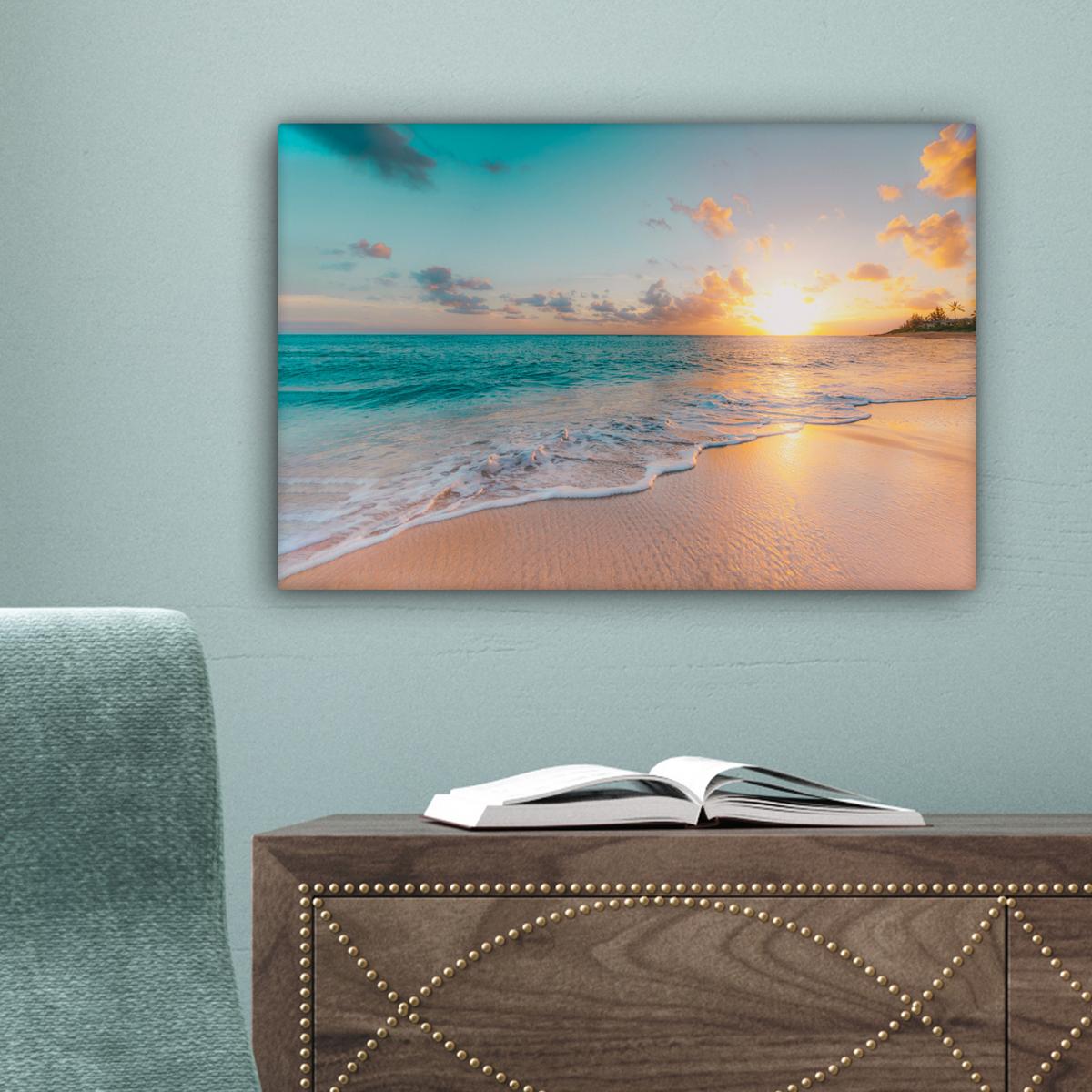 LEINWANDBILD Sonnenuntergang - Strand - Meer - Sommer - Blau Deko Schlafzimmer 30x20 cm - Multicolor, Textil (30/20cm) - MuchoWow