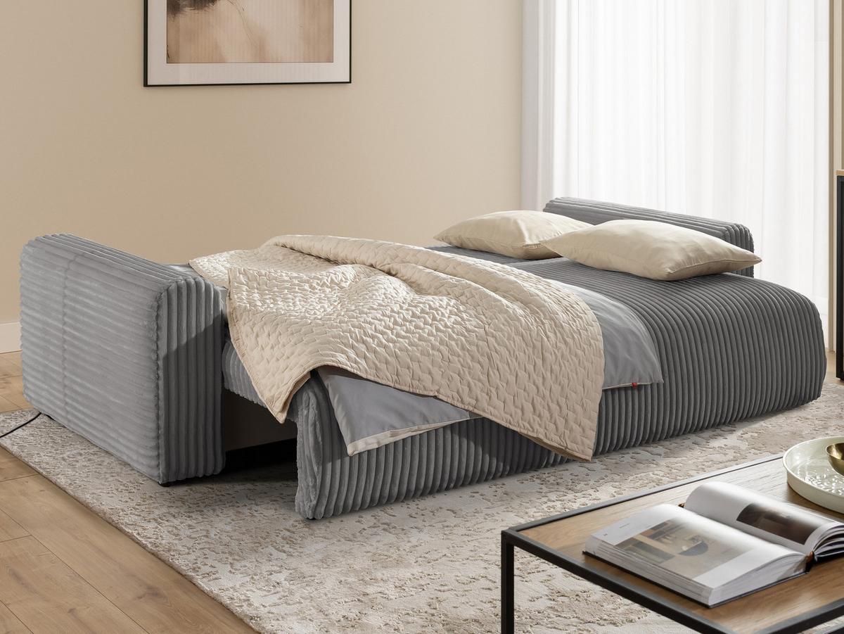 SCHLAFSOFA Calma mit Bettkasten im Bumpy-Design aus weichem Grau Plüschcord - Schwarz/Grau, Holz/Kunststoff (239/88/98cm) - S-Style