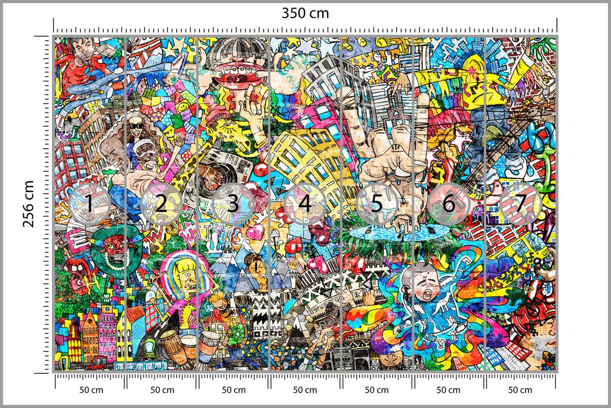 FOTOTAPETE für Jugendzimmer Buntes Graffiti Streetart Bunt 350x256 - Türkis/Gelb, Papier (350/256cm) - Muralo