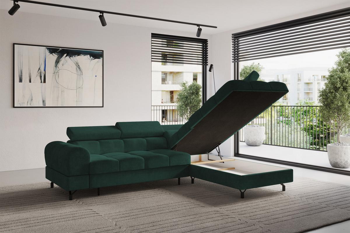 ECKSOFA mit Schlaffunktion Ottomane Rechts LUMA-L 272x203x70 Grün Velours - Waldgrün/Schwarz, Holzwerkstoff/Kunststoff (203/272cm) - ALTDECOR