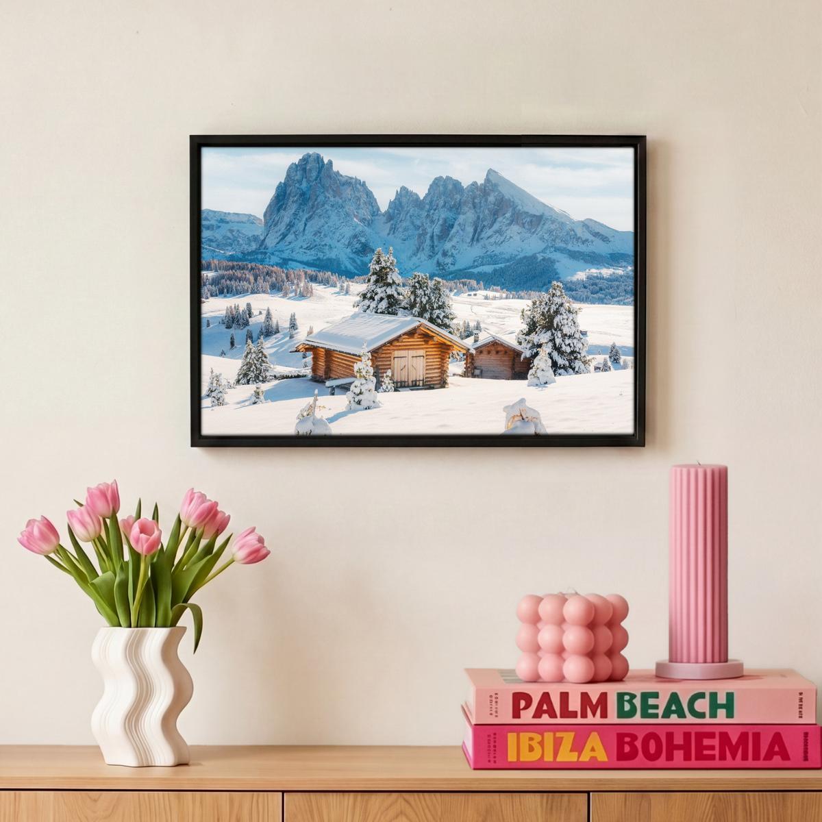 LEINWAND Bilder mit Rahmen - Winter - Hütte - Berge - Aussicht - Schnee - 30x20 - Eichefarben, Textil (30/20cm) - MuchoWow