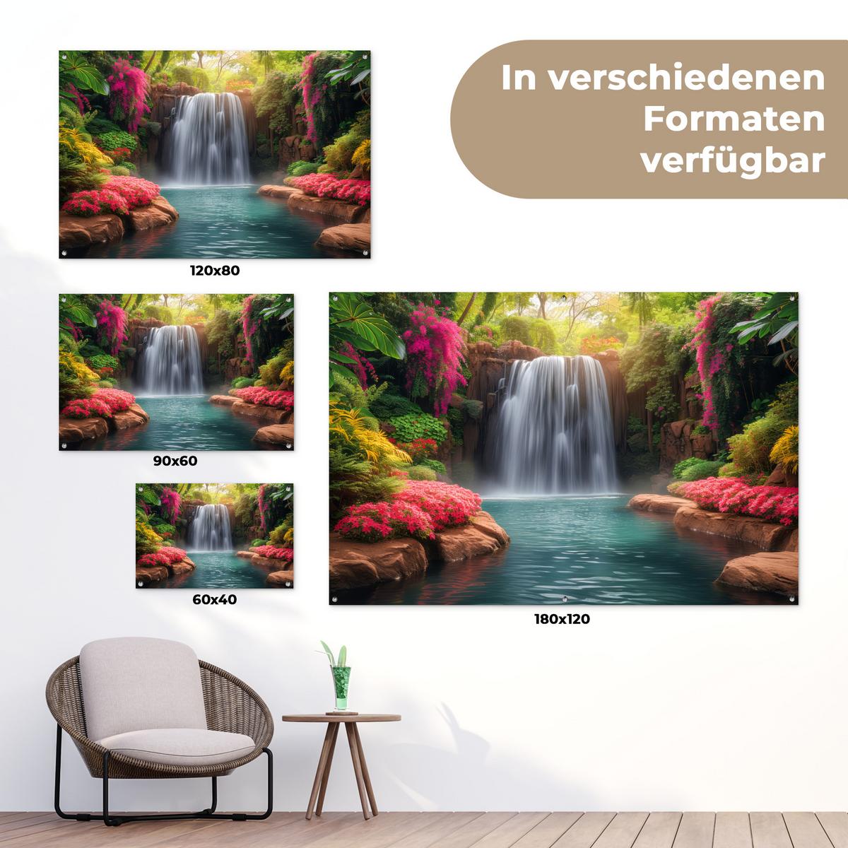 GARTENPOSTER Wasserfall - Natur - Pflanzen - Dschungel - Wasser Gartendeko 90x60 cm - Grün, Kunststoff (90/60/0.2cm) - OnlyWow