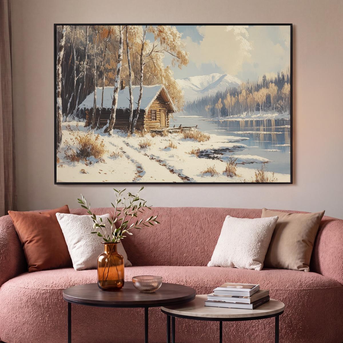 LEINWAND Bilder mit Rahmen - Winter - Schnee - Zuhause - Natur - 140x90 - Hellbraun, Textil (140/90cm) - MuchoWow