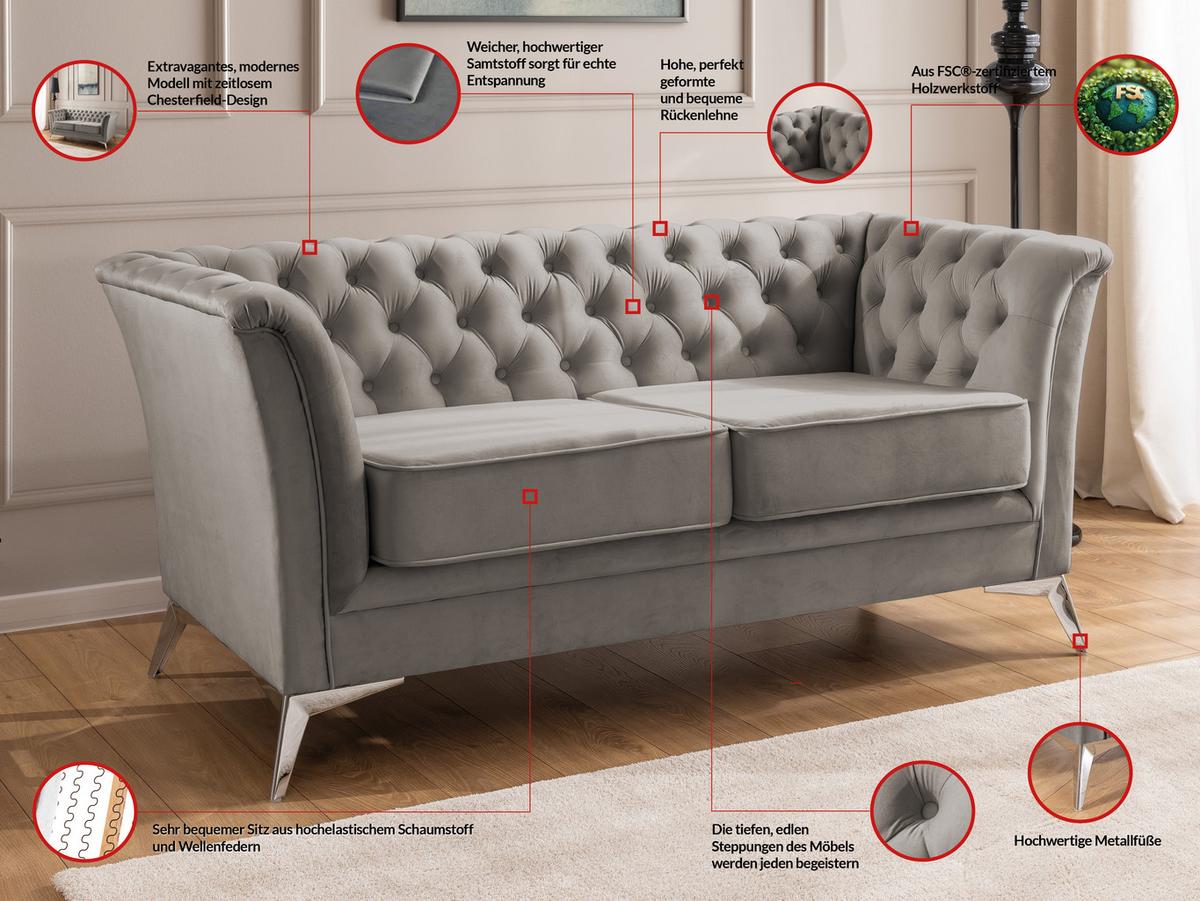 CHESTERFIELD-SOFA 2-sitzer Whitby Grau Samt mit silbernen Füßen - Silberfarben/Grau, Holz/Textil (175/78/82cm) - S-Style Möbel