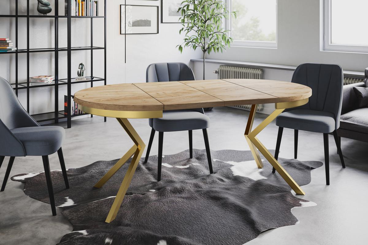 RUNDER Esszimmertisch BERGO, ausziehbarer Tisch Durchmesser: 90 cm/170 cm, Wohnzimmertisch Farbe: Braun, mit Metallbeinen in Farbe Gold - Goldfarben/Braun, Holzwerkstoff (90/90/76cm) - Alpi-Möbel