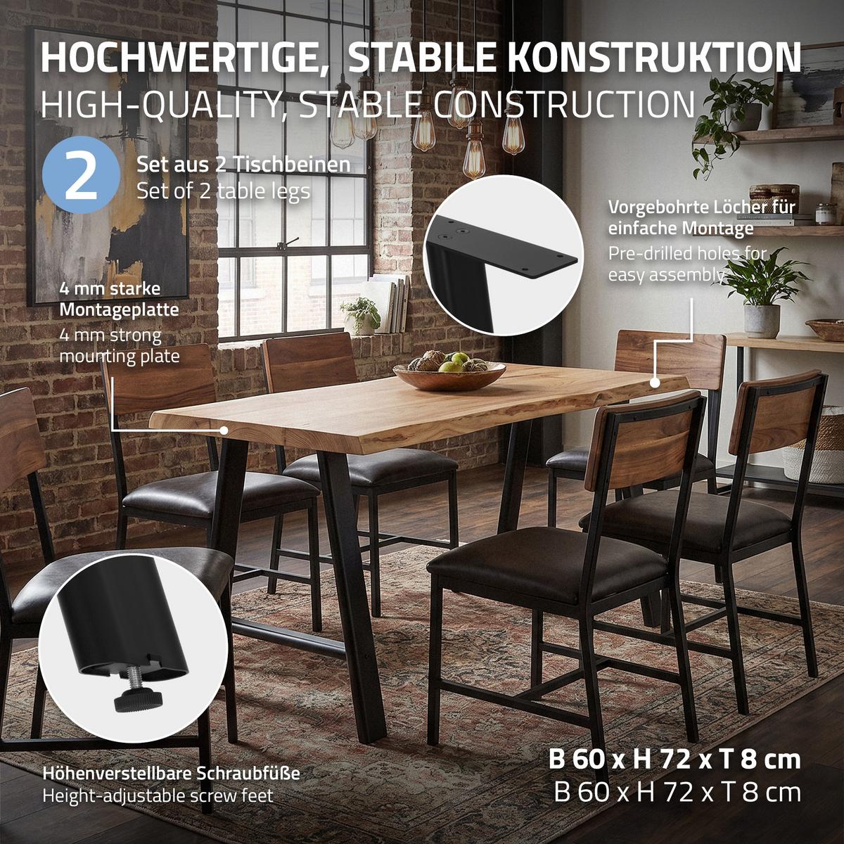 TISCHBEINE Metall Schwarz 2er Set 60x72 cm Flach Tischgestell A-Form aus Stahl - Schwarz, Metall (8/72/60cm) - ML-DESIGN