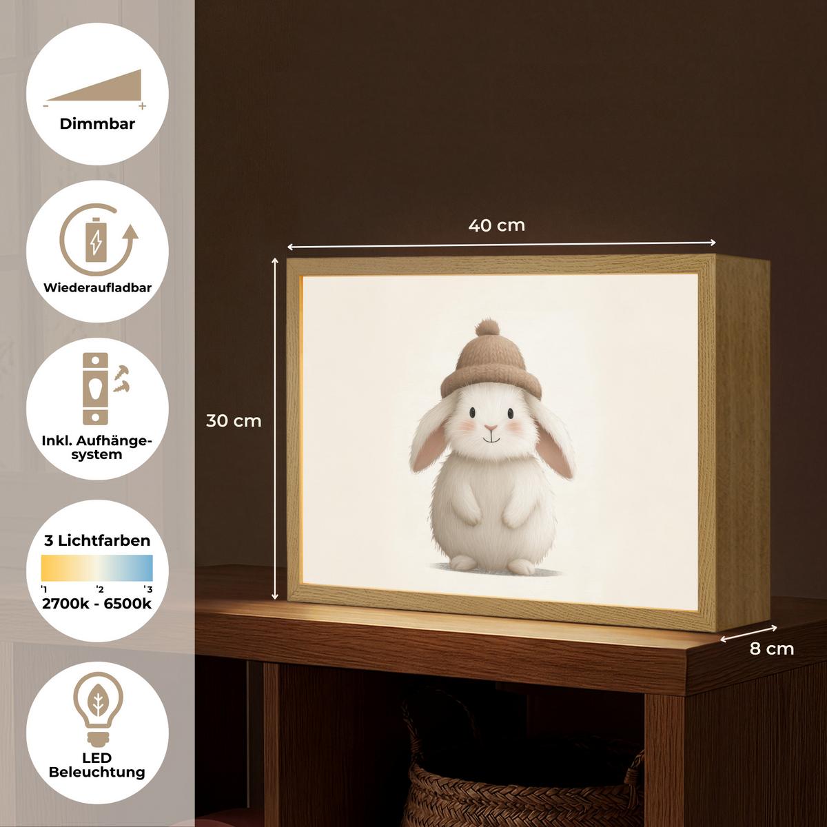NACHTTISCHLAMPE MIT AKKU Kaninchen - Hut - Ohren - Beige 40x30 cm - Creme, Holzwerkstoff (8/40/30cm) - OnlyWow