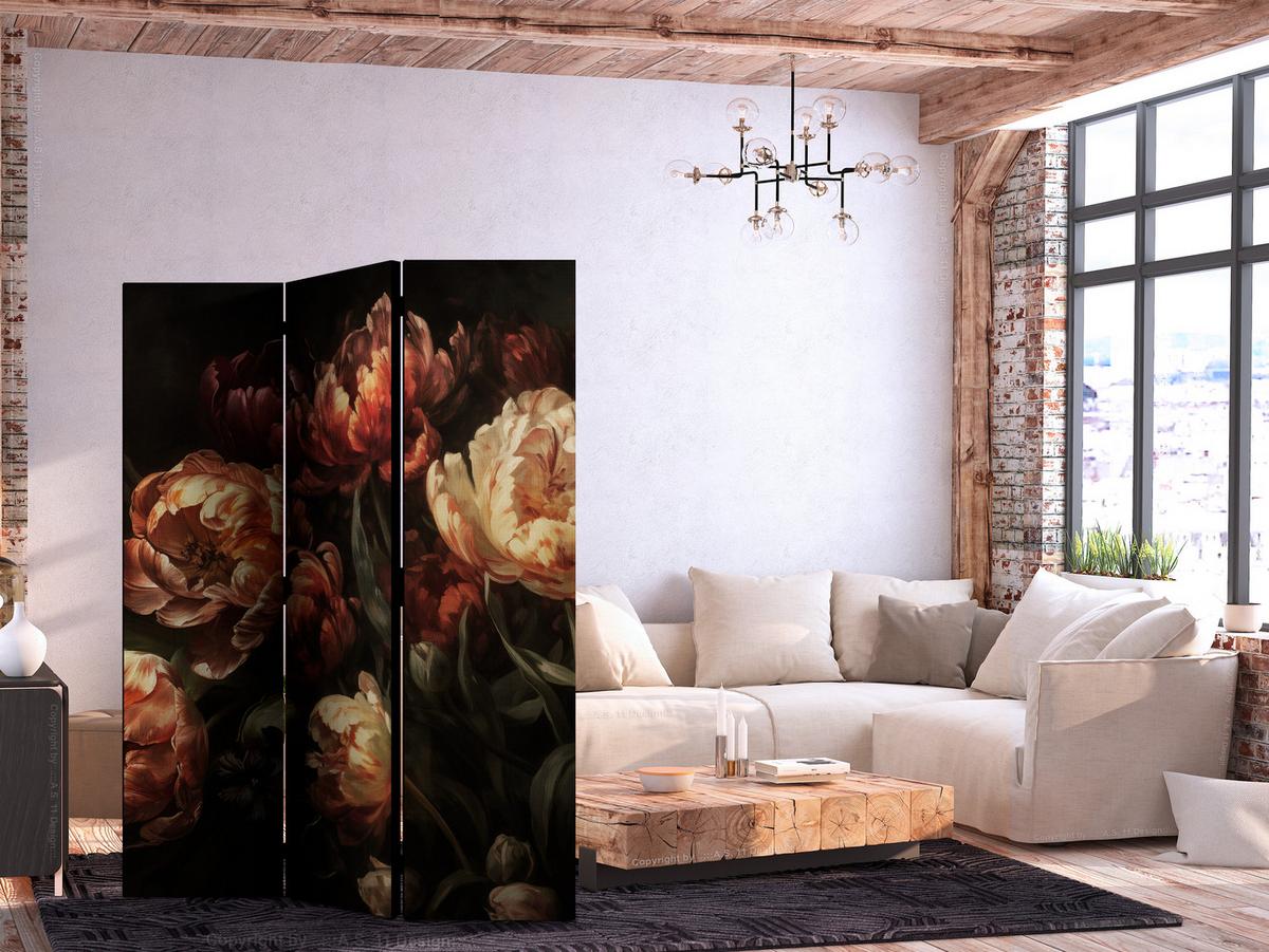 PARAVENT Einseitig Bedruckter 3-tlg 135x172 cm Pfingstrosen im Retro - Multicolor, Holz/Textil (135/172/3cm) - Muralo