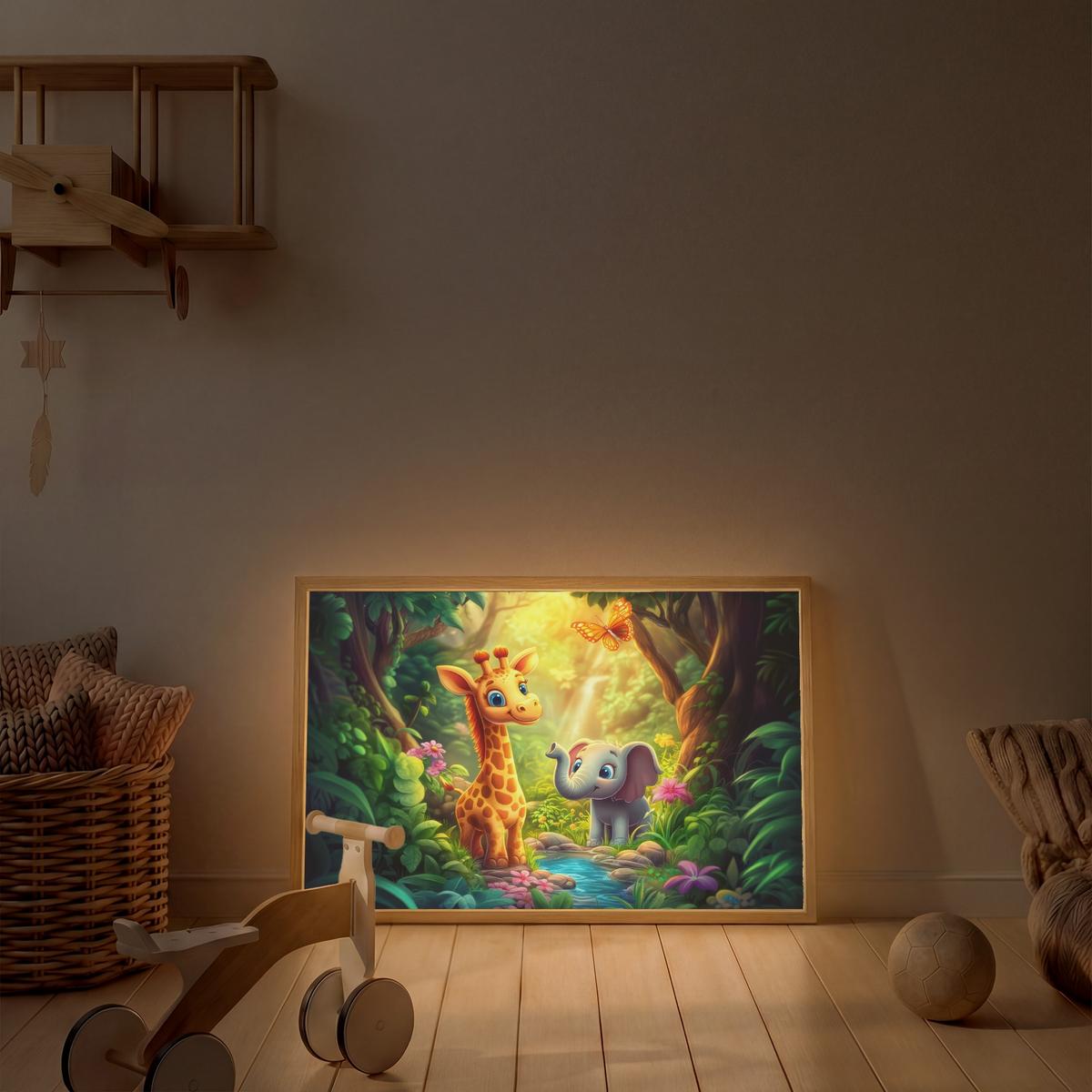 WANDLEUCHTE MIT AKKU Giraffe - Elefant - Blumen - Dschungel 100x70 cm - Grün, Holzwerkstoff (100/70/8cm) - OnlyWow