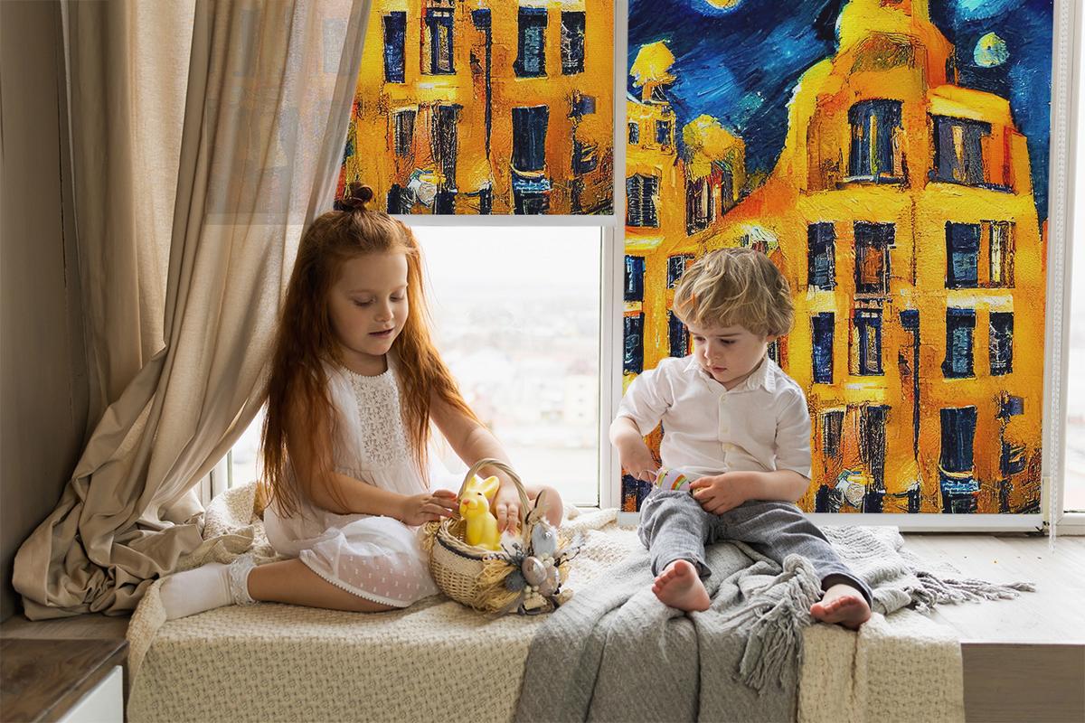 INNENROLLO - Fensterrollo - Rollo - 80x180 cm - Gemalte Stadt - Dunkelblau, Kunststoff (80/180/0.5cm) - TULUP