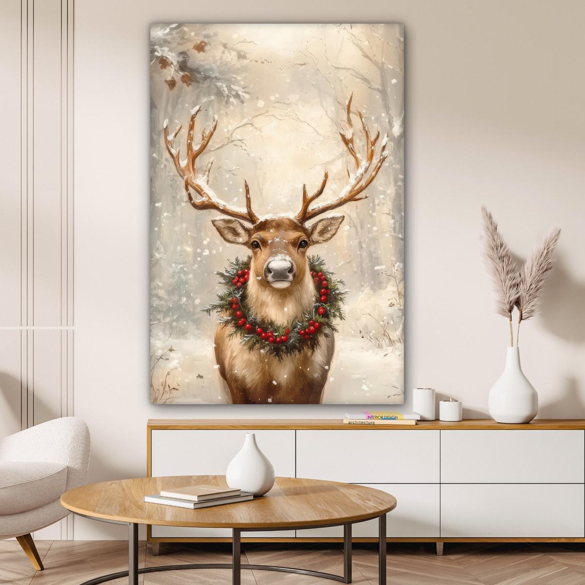 LEINWANDBILD Weihnachten - Rentier - Winter - Kranz Deko XXL 80x120 cm - Naturfarben, Textil (80/120cm) - MuchoWow